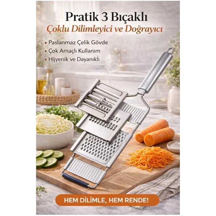 Premium 3 Bıçaklı Sebze Dilimleyici ve Rende – Paslanmaz Çelik Çok Amaçlı Doğrayıcı