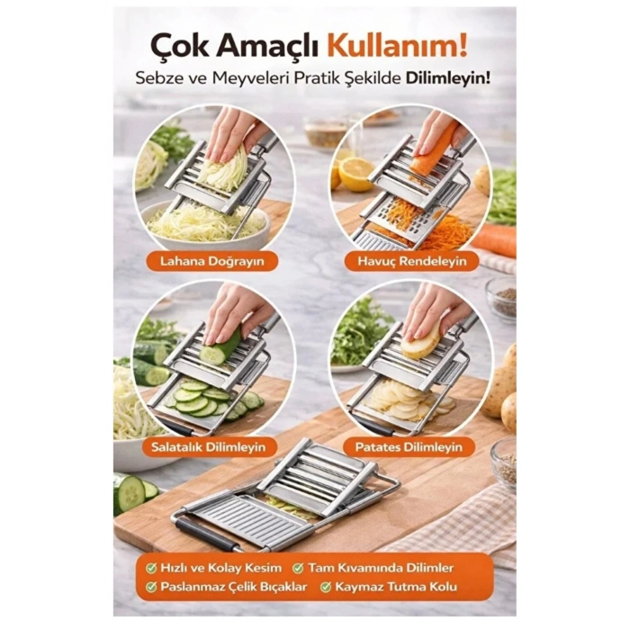 Premium 3 Bıçaklı Sebze Dilimleyici ve Rende – Paslanmaz Çelik Çok Amaçlı Doğrayıcı