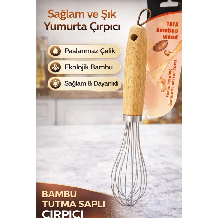 Premium Paslanmaz Çelik Bambu Saplı Çırpıcı – Dayanıklı Mutfak Çırpma Teli