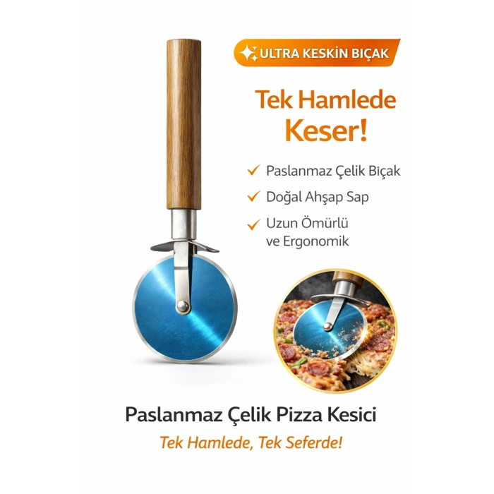 Paslanmaz Çelik Pizza Kesici Döner Bıçak Ahşap Saplı Pizza Ruleti Hamur Kesici