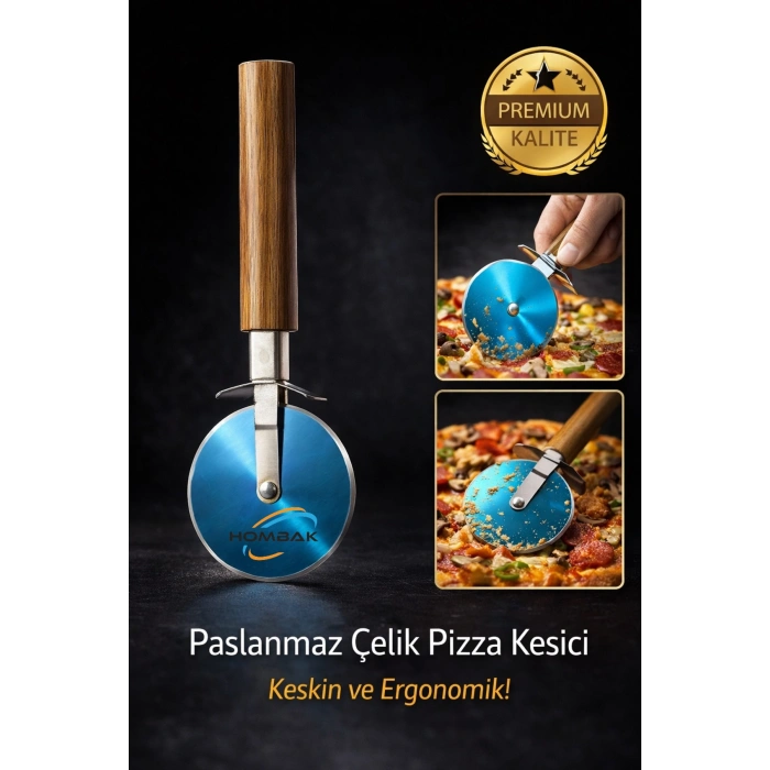 Paslanmaz Çelik Pizza Kesici Döner Bıçak Ahşap Saplı Pizza Ruleti Hamur Kesici