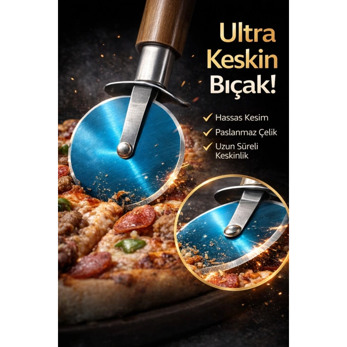 Paslanmaz Çelik Pizza Kesici Döner Bıçak Ahşap Saplı Pizza Ruleti Hamur Kesici