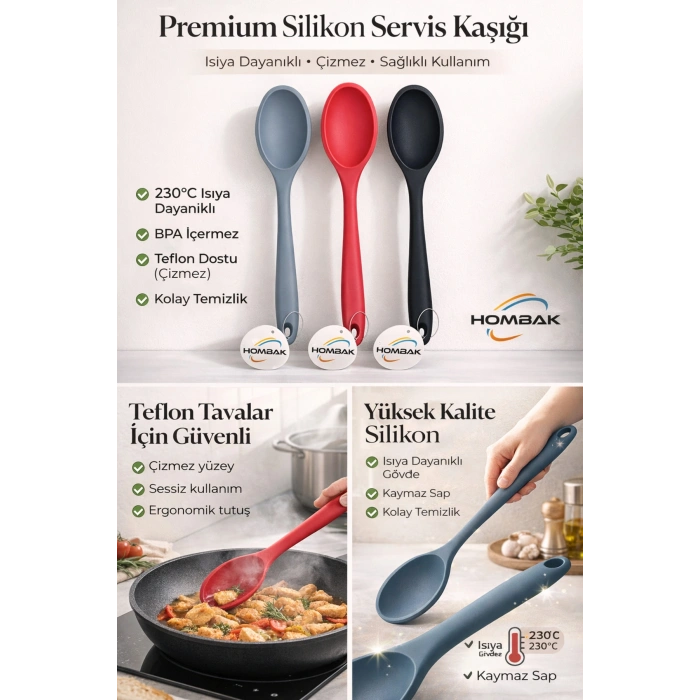 Premium Silikon Servis Kaşığı – Isıya Dayanıklı, Teflon Dostu Ergonomik Mutfak Kaşığı