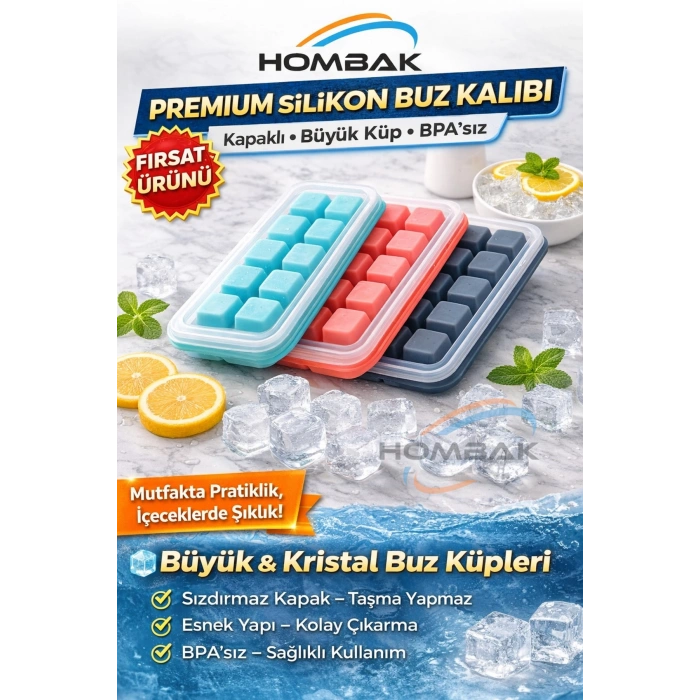 Kapaklı Silikon Buz Kalıbı – Tek Dokunuşla Kolay Çıkarma, Büyük Küp, BPA’sız, Sızdırmaz Kapak