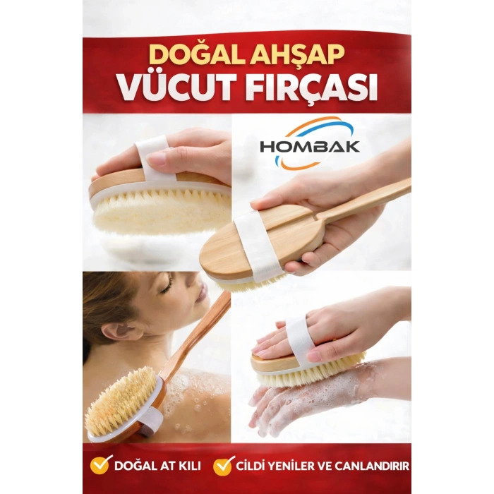 Doğal Ahşap Vücut Fırçası Uzun Saplı At Kılı Kuru Fırçalama Masaj Fırçası (Selülit & Peeling Etkili)
