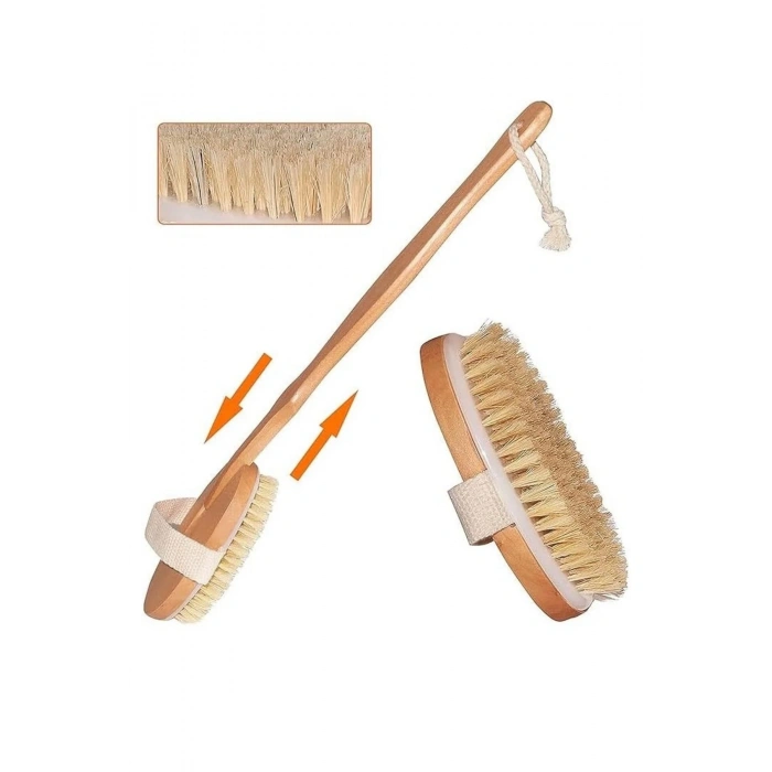 Doğal Ahşap Vücut Fırçası Uzun Saplı At Kılı Kuru Fırçalama Masaj Fırçası (Selülit & Peeling Etkili)