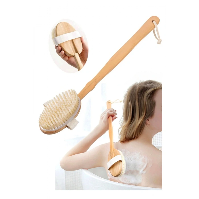 Doğal Ahşap Vücut Fırçası Uzun Saplı At Kılı Kuru Fırçalama Masaj Fırçası (Selülit & Peeling Etkili)