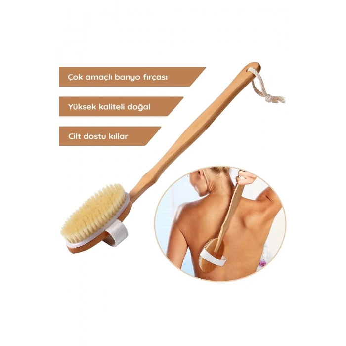Doğal Ahşap Vücut Fırçası Uzun Saplı At Kılı Kuru Fırçalama Masaj Fırçası (Selülit & Peeling Etkili)