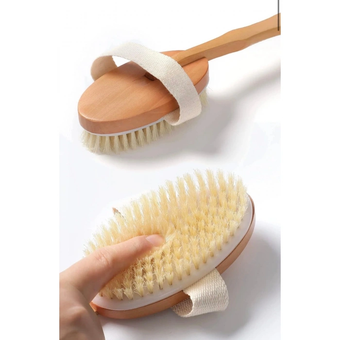 Doğal Ahşap Vücut Fırçası Uzun Saplı At Kılı Kuru Fırçalama Masaj Fırçası (Selülit & Peeling Etkili)