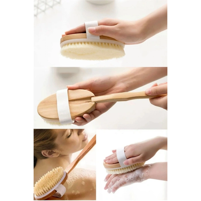 Doğal Ahşap Vücut Fırçası Uzun Saplı At Kılı Kuru Fırçalama Masaj Fırçası (Selülit & Peeling Etkili)
