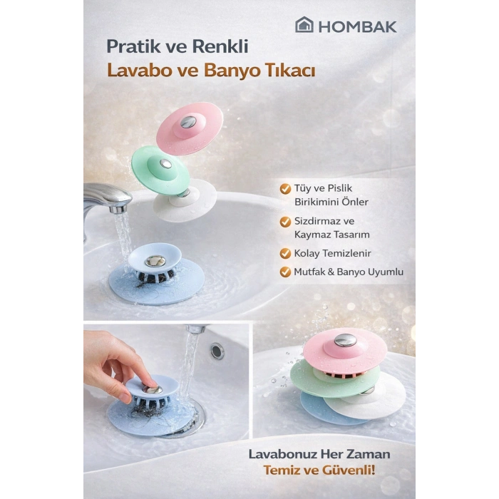 Silikon Lavabo Tıkacı – Saç Tutucu Gider Süzgeci, Su Sızdırmaz Banyo & Mutfak Gider Kapağı