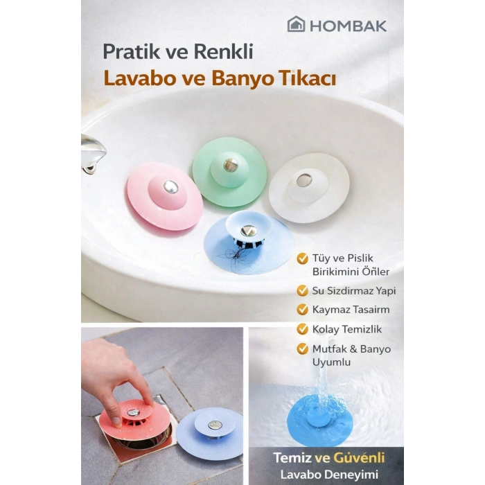 Silikon Lavabo Tıkacı – Saç Tutucu Gider Süzgeci, Su Sızdırmaz Banyo & Mutfak Gider Kapağı