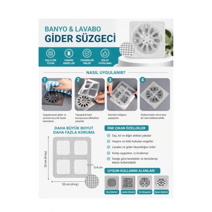 1 Adet Lavabo Gider Süzgeci Filtre Sticker Kendinden Yapışkanlı Saç ve Kir Tutucu Gider Koruyucu
