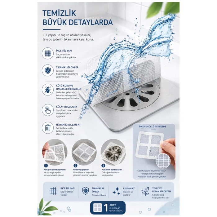 1 Adet Lavabo Gider Süzgeci Filtre Sticker Kendinden Yapışkanlı Saç ve Kir Tutucu Gider Koruyucu