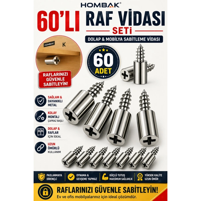60’lı Raf Vidası Seti – Metal Dolap & Mobilya Sabitleme Vidası – Dayanıklı Çapraz Başlı Raf Pim Vida