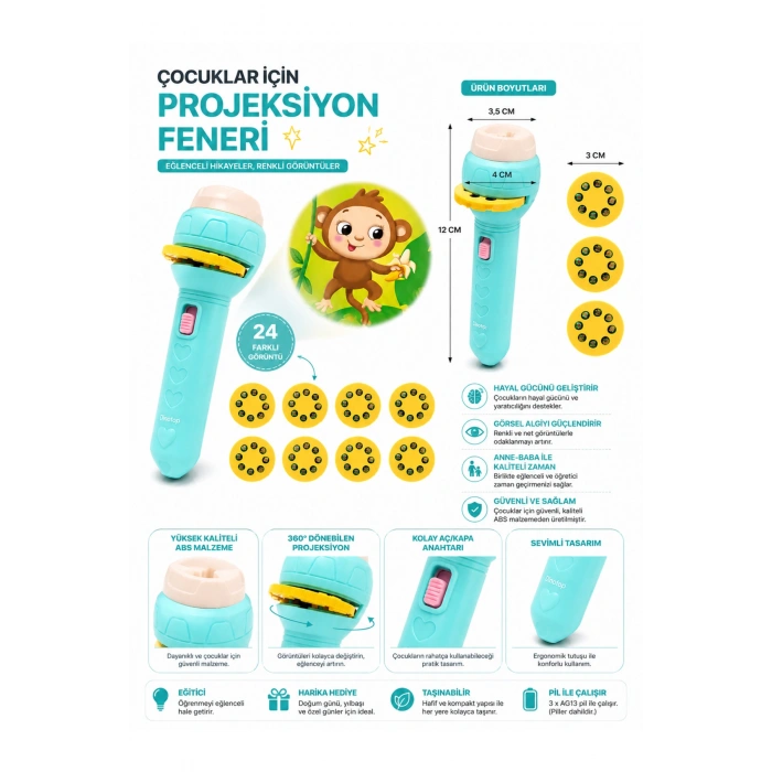 Çocuklar İçin 56 Farklı Resimli Projeksiyonlu Eğitici El Feneri - Yeşil Renk