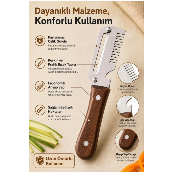 5 in 1 Çok Fonksiyonlu Paslanmaz Çelik Sebze Soyacağı | Rende, Dilimleyici, Meyve Soyucu, Şişe Açacağı, Mutfak Aparatı