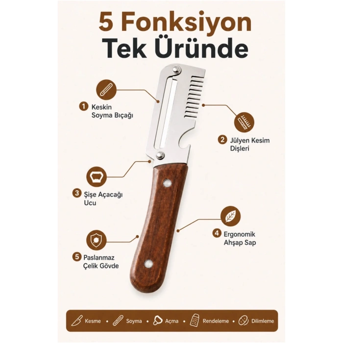 5 in 1 Çok Fonksiyonlu Paslanmaz Çelik Sebze Soyacağı | Rende, Dilimleyici, Meyve Soyucu, Şişe Açacağı, Mutfak Aparatı