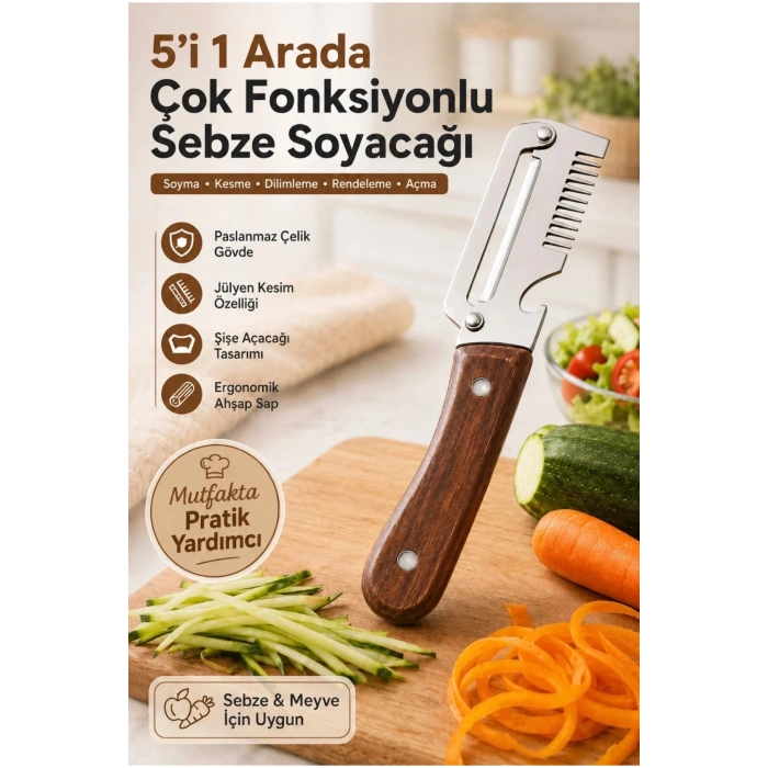 5 in 1 Çok Fonksiyonlu Paslanmaz Çelik Sebze Soyacağı | Rende, Dilimleyici, Meyve Soyucu, Şişe Açacağı, Mutfak Aparatı