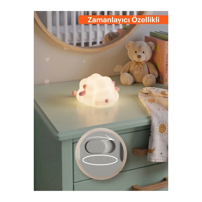 Sevimli Koyun Gece Lambası USB Şarjlı Dokunmatik Silikon LED Gece Lambası 30 Dakika Zamanlayıcılı 5 Renk Işıklı Çocuk Odası Lambası