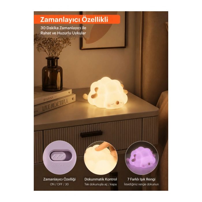 Sevimli Koyun Gece Lambası USB Şarjlı Dokunmatik Silikon LED Gece Lambası 30 Dakika Zamanlayıcılı 5 Renk Işıklı Çocuk Odası Lambası