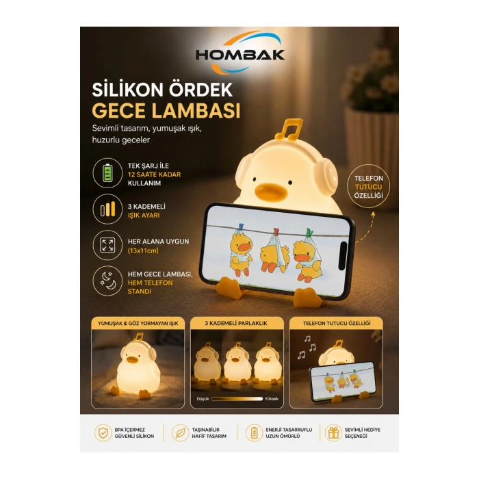 Sevimli Ördek Gece Lambası USB Şarjlı Dokunmatik Silikon LED Gece Lambası 7 Renk Değiştiren Zaman Ayarlı Çocuk ve Bebek Odası Lambası