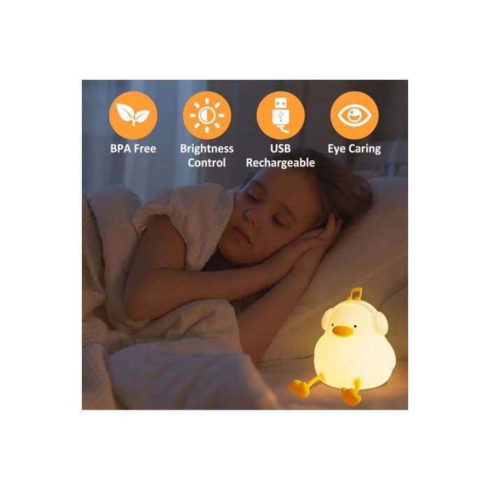 Sevimli Ördek Gece Lambası USB Şarjlı Dokunmatik Silikon LED Gece Lambası 7 Renk Değiştiren Zaman Ayarlı Çocuk ve Bebek Odası Lambası