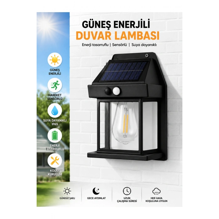 Solar Güneş Enerjili Duvar Lambası Beyaz Işık Hareket Sensörlü Bahçe Garaj Ev Aydınlatma