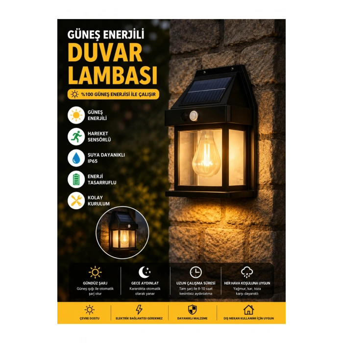 Solar Güneş Enerjili Duvar Lambası Beyaz Işık Hareket Sensörlü Bahçe Garaj Ev Aydınlatma
