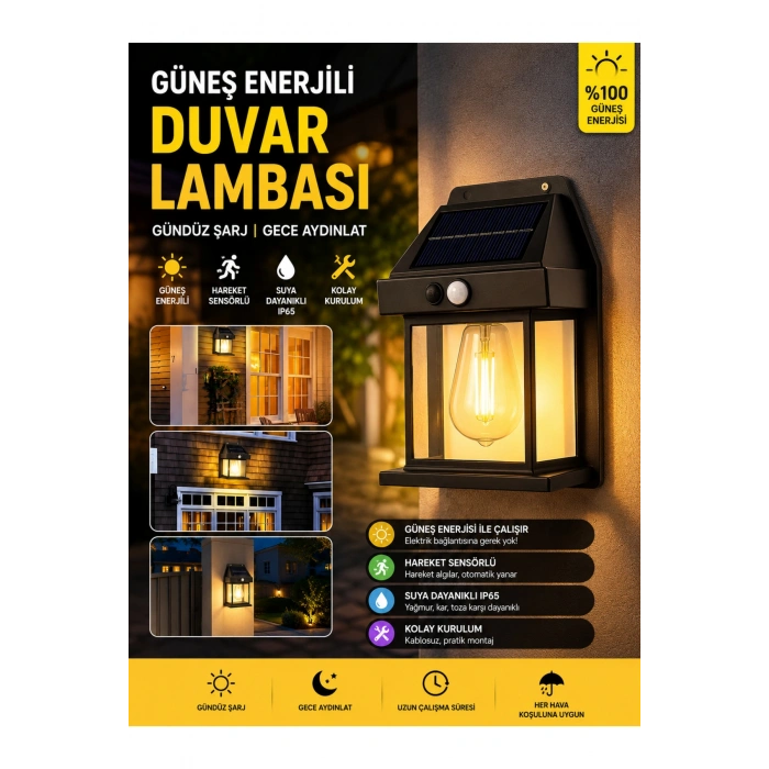 Solar Güneş Enerjili Duvar Lambası Beyaz Işık Hareket Sensörlü Bahçe Garaj Ev Aydınlatma