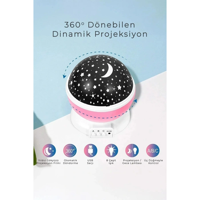 Gece Lambası Tavana Işık Yansıtan Dönen Yıldız Ay Projeksiyon Çocuk ve Genç Odası Lamba Işık Küresi
