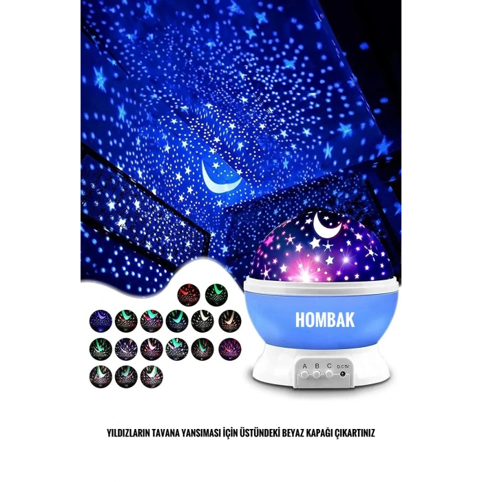Gece Lambası Tavana Işık Yansıtan Dönen Yıldız Ay Projeksiyon Çocuk ve Genç Odası Lamba Işık Küresi