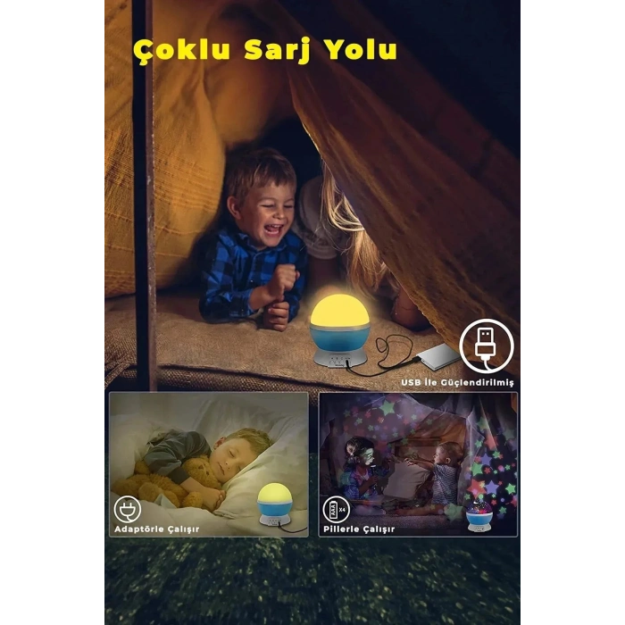 Gece Lambası Tavana Işık Yansıtan Dönen Yıldız Ay Projeksiyon Çocuk ve Genç Odası Lamba Işık Küresi