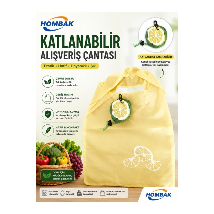 Katlanabilir Alışveriş Plaj Çantası 38x58 cm – Taşınabilir Portakal Kese Tasarımlı, Yıkanabilir, Çevre Dostu Bez Market Çantası