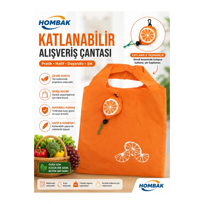 Katlanabilir Alışveriş Plaj Çantası 38x58 cm – Taşınabilir Portakal Kese Tasarımlı, Yıkanabilir, Çevre Dostu Bez Market Çantası