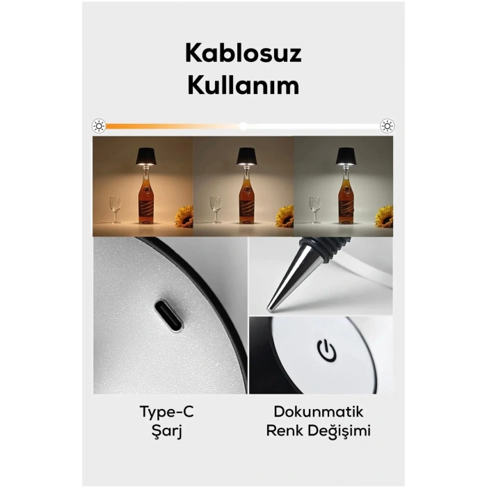 Dokunmatik Şarjlı Şişe Lambası 3 Renk Işık Ayarlı Kablosuz Gece Lambası Masa Lambası Ev Ofis Restoran Kafe