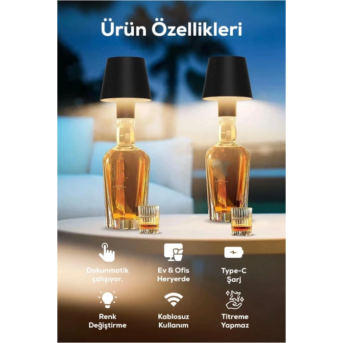Dokunmatik Şarjlı Şişe Lambası 3 Renk Işık Ayarlı Kablosuz Gece Lambası Masa Lambası Ev Ofis Restoran Kafe