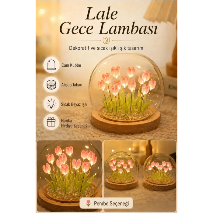 Lale Gece Lambası Cam Küre LED Masa Lambası Ahşap Tabanlı Dekoratif Ortam Aydınlatma Yatak Odası Gece Lambası
