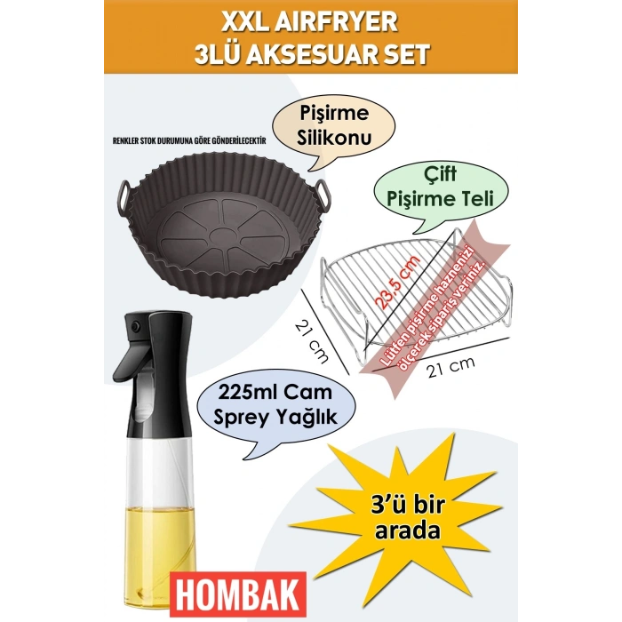 3lü Xxl Airfryer Seti Silikon Kap Izgara Teli ve Cam Sprey Yağlık Yağdanlık Aksesuar