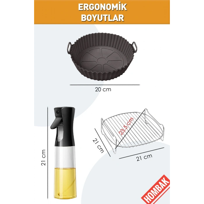 3lü Xxl Airfryer Seti Silikon Kap Izgara Teli ve Cam Sprey Yağlık Yağdanlık Aksesuar