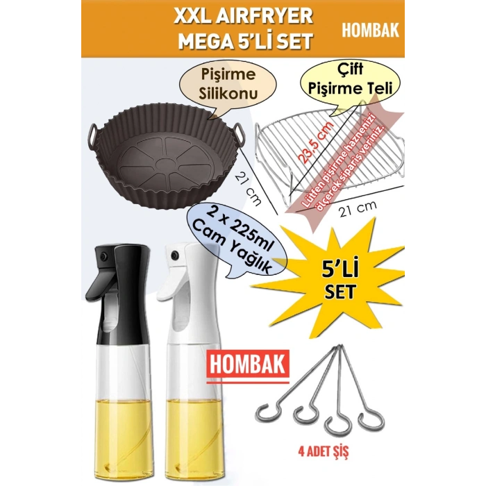 5li Xxl Airfryer Mega Seti Pişirme Silikonları Izgara Teli Sprey Yağlık Yağdanlık Şiş Aksesuar