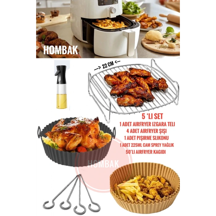 5li Xxl Airfryer Mega Seti Pişirme Silikonları Izgara Teli Sprey Yağlık Yağdanlık Şiş Aksesuar