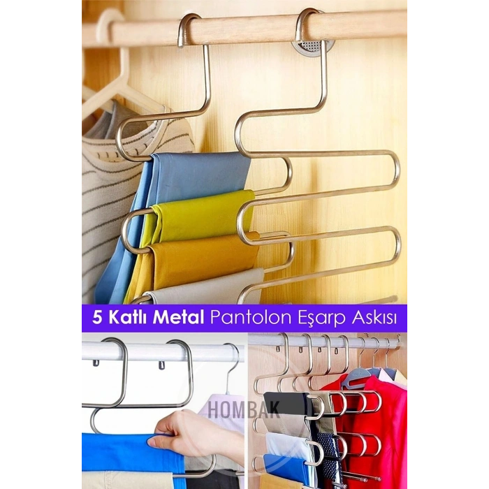 15’li Dekoratif Metal Dolap Içi Krom Askı Pantolon Askısı Çoklu Askılık Hmbk592