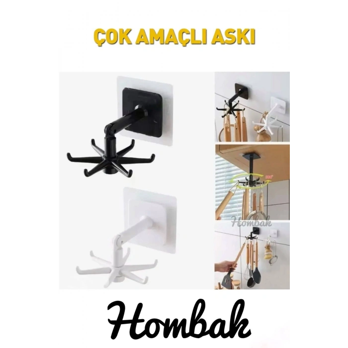 Siyah Mutfak Dolabı Çok Amaçlı 360 Derece Askı Vidasız Delmesiz Kaşık Kepçe Askısı