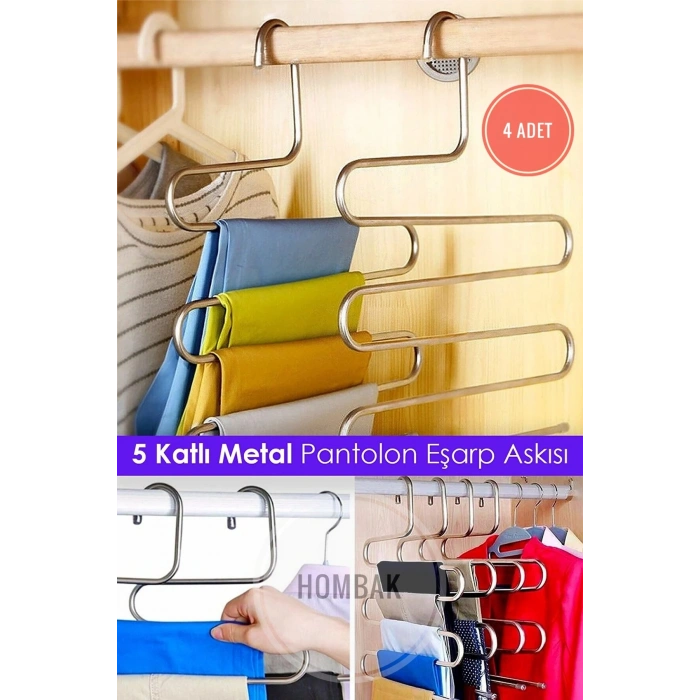 4 Adet Dekoratif Metal Dolap Içi Krom Askı Pantolon Askısı Çoklu Askılık Hmbk592
