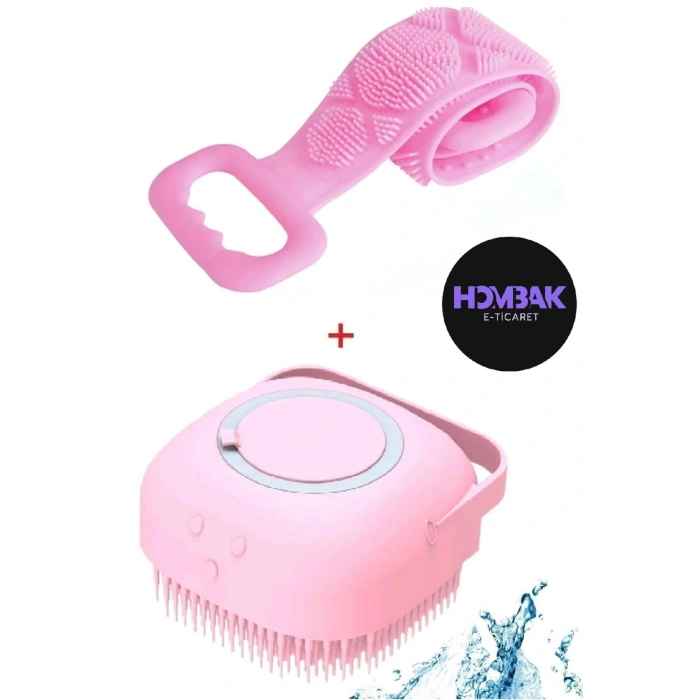2 li Duş Seti Pembe 70 Cm Çift Taraflı Sırt Kesesi ve Slikon Hazneli Duş Jeli Kesesi