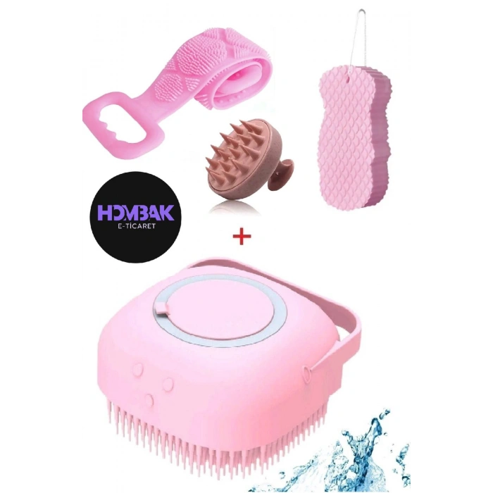 4 lü Duş Seti Pembe 70 Cm Çift Taraflı Sırt Kesesi Sihirli Duş Kese Slikon Hazneli Duş Jeli Kesesi