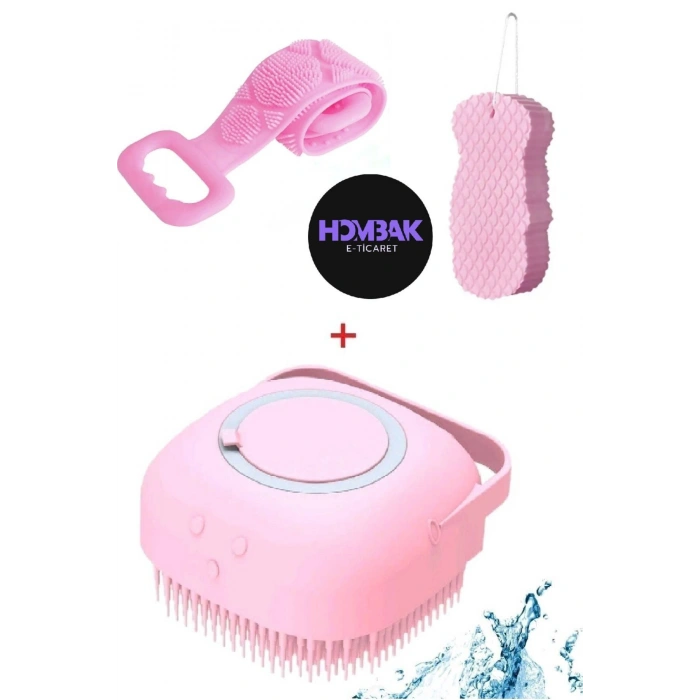 3 lü Duş Seti Pembe 70 Cm Çift Taraflı Sırt Kesesi Sihirli Duş Kese Slikon Hazneli Duş Jeli Kesesi