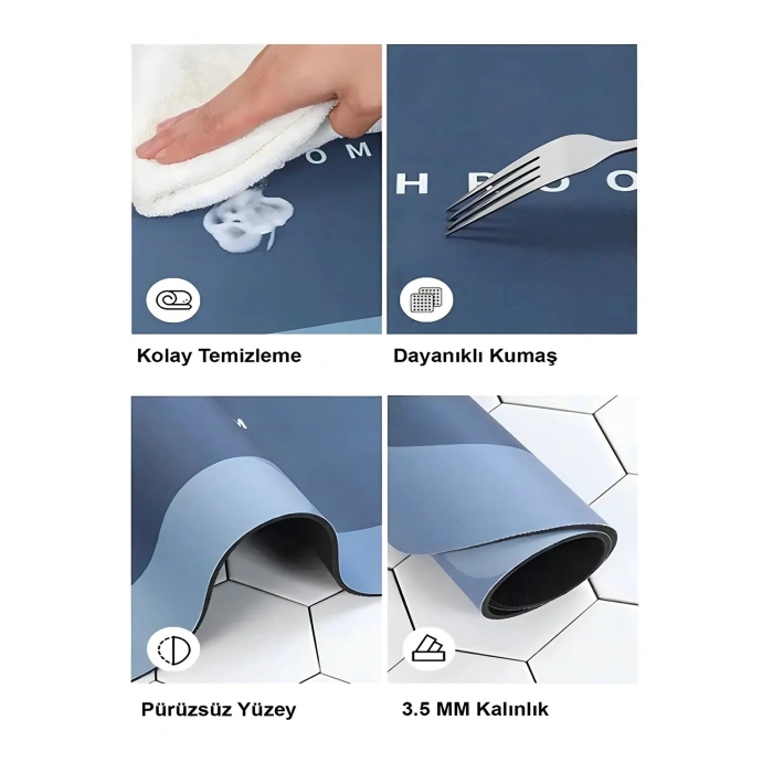 Mavi Sihirli Su Emici Banyo Paspası Kaymaz Tabanlı Abdest Paspası 3,5 Mm 40x60