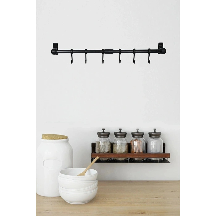 Siyah Metal Mutfak ve Banyo Askısı 6 Kancalı Askı Demiri